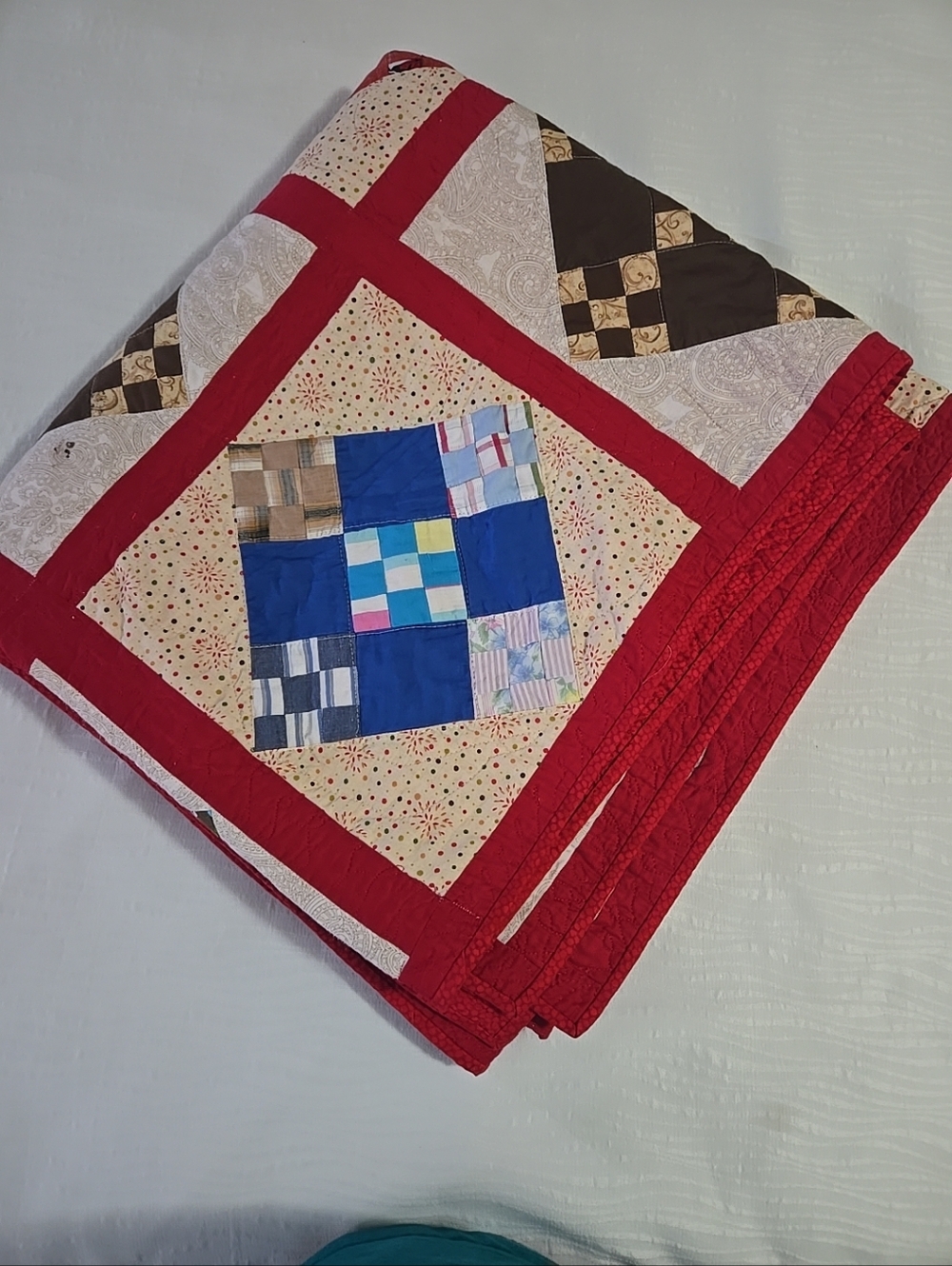 Handmade Patchwork Quilt Red Sashing Multicolor Cotton Double Bedspread Vintage